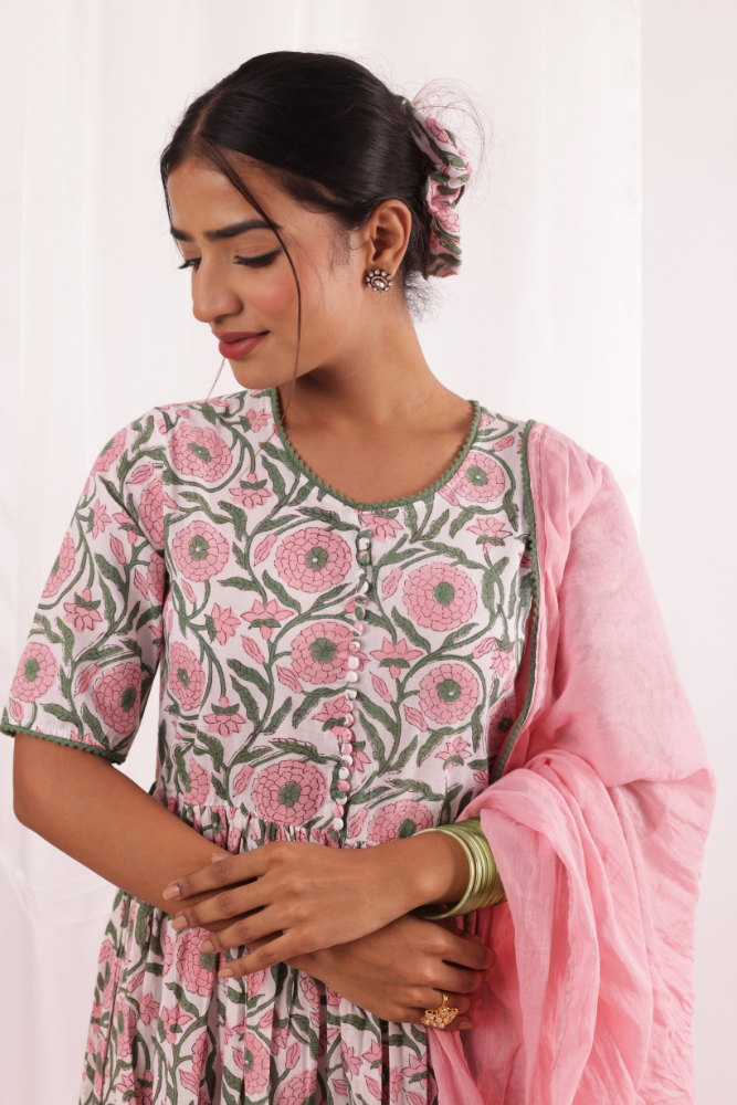 Pink & Green floral Jaal printed Anarkali set