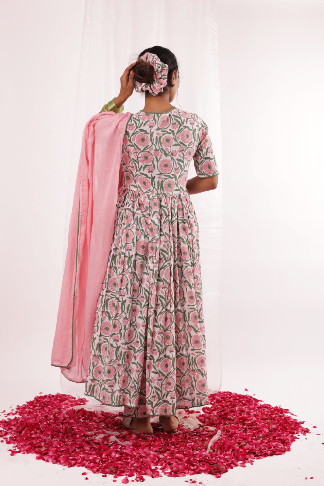 Pink & Green floral Jaal printed Anarkali set