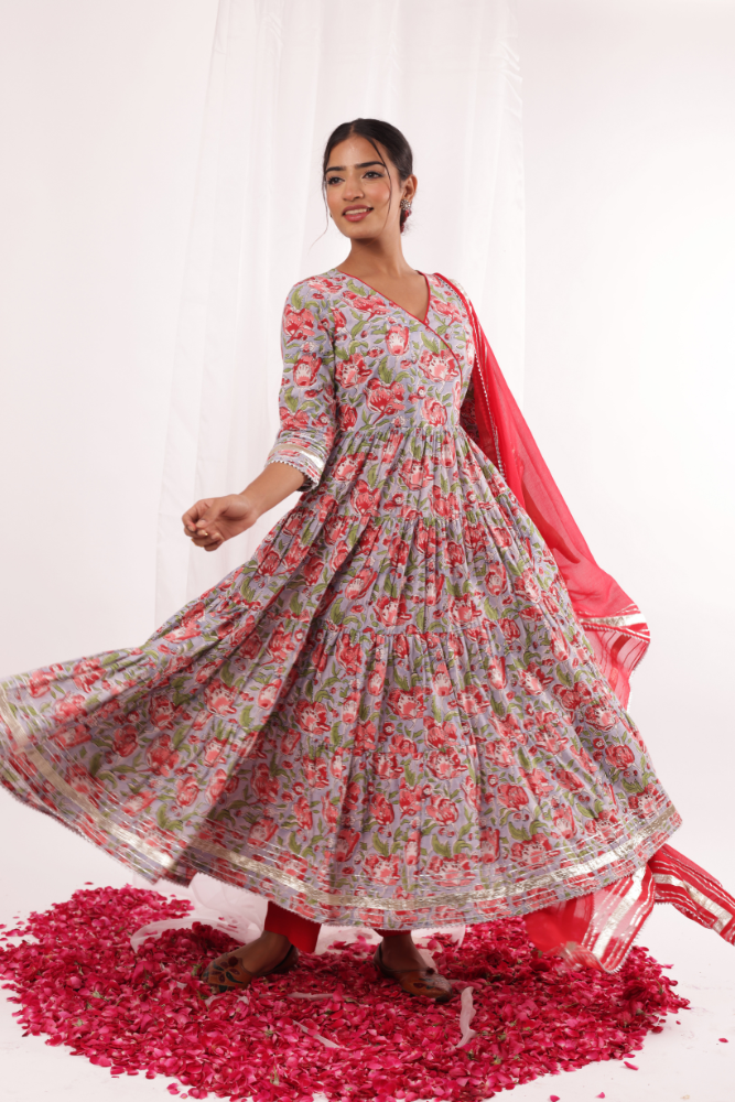 Red floral jaal Blockprinted Anarkali set