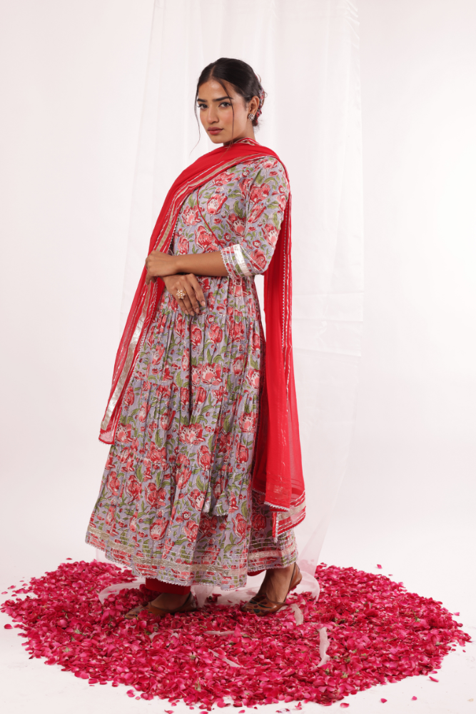 Red floral jaal Blockprinted Anarkali set