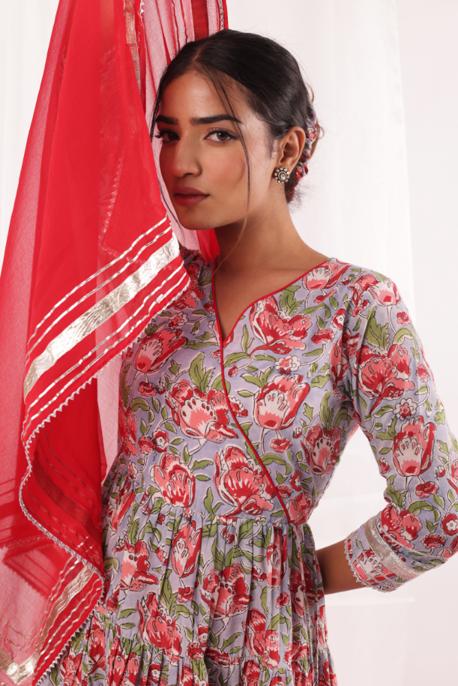 Red floral jaal Blockprinted Anarkali set