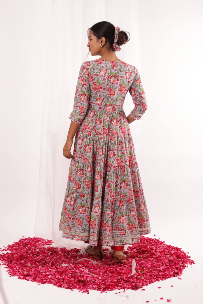 Red floral jaal Blockprinted Anarkali set