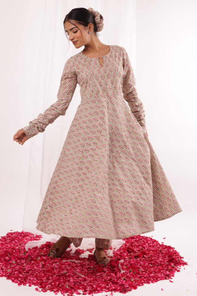 Sage Green & Pink Booti BlockPrinted Anarkali Kurta set (Set of 2)