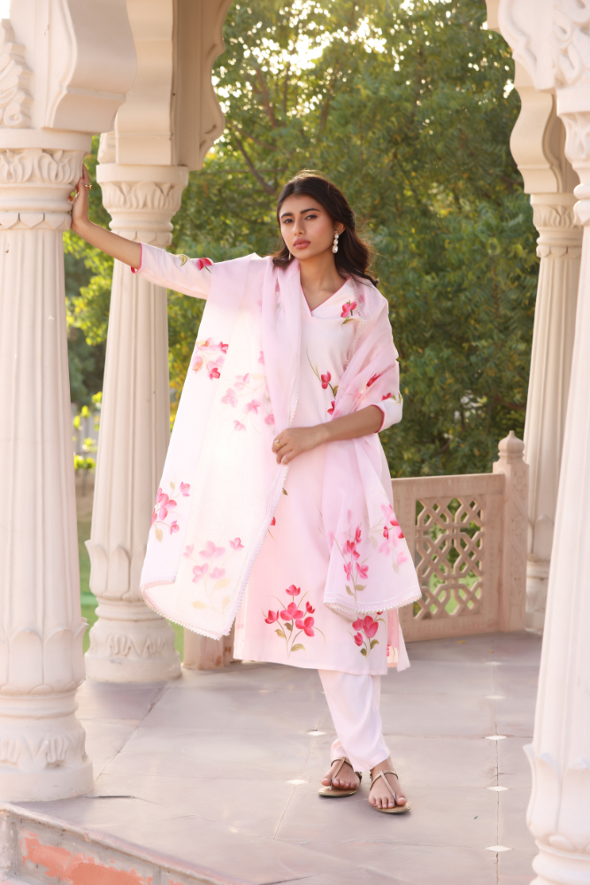 Pink Bougainvillea Handpainted Suit Set