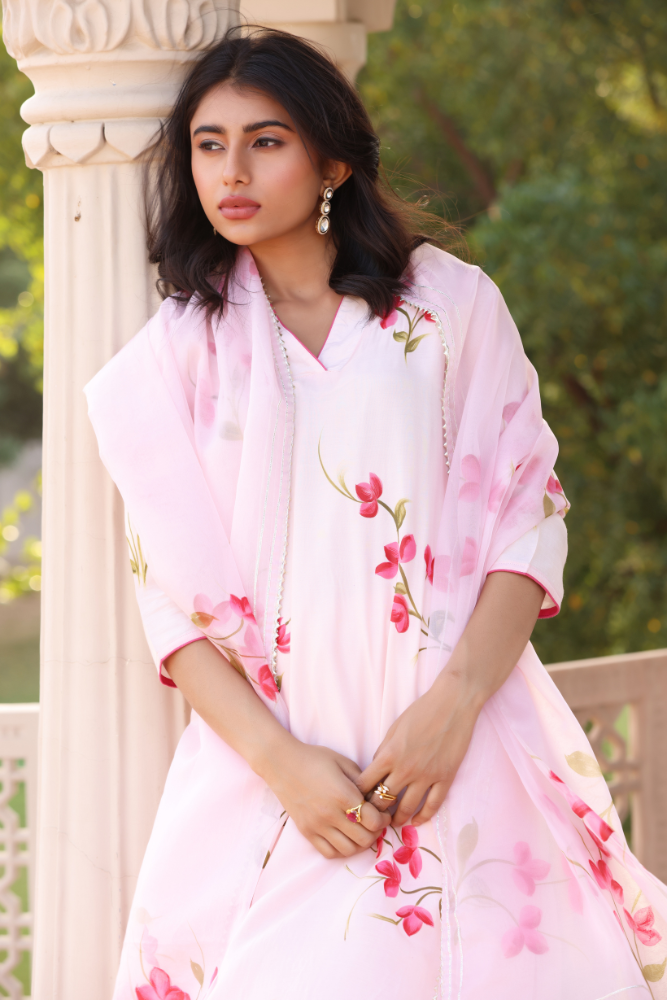 Pink Bougainvillea Handpainted Suit Set