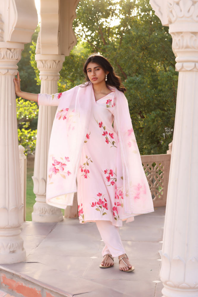 Pink Bougainvillea Handpainted Suit Set