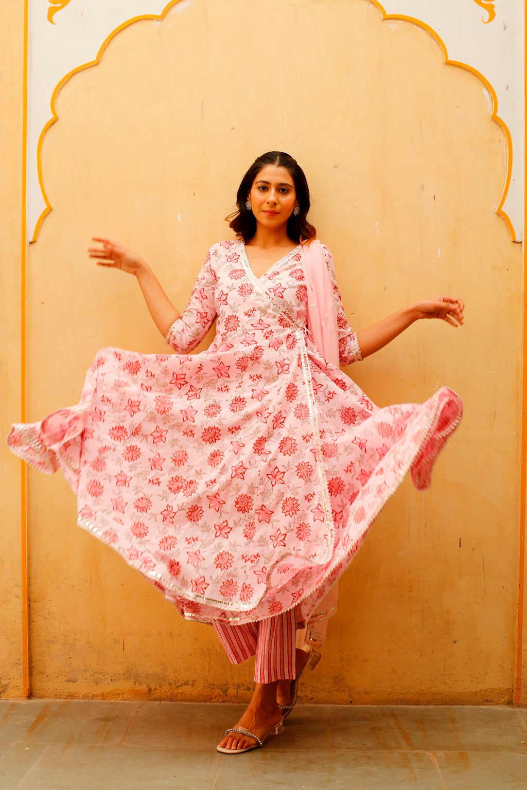 Light Pink Block Printed Angrakha Kurta Set