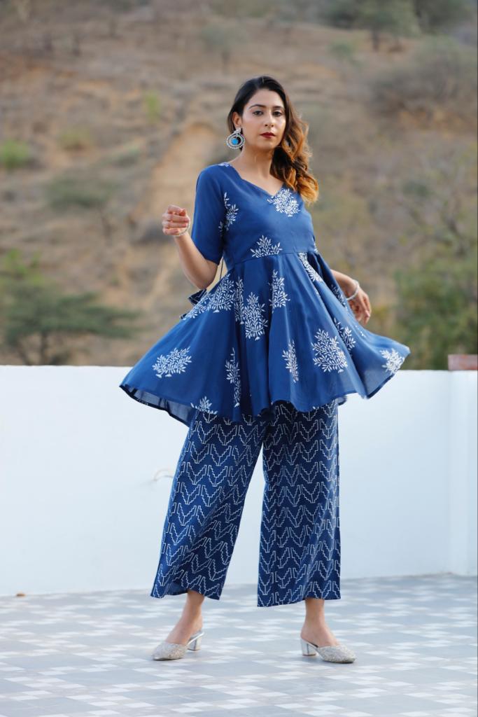 B'dazzled Blue Silver Block Printed Flare Kurta Set