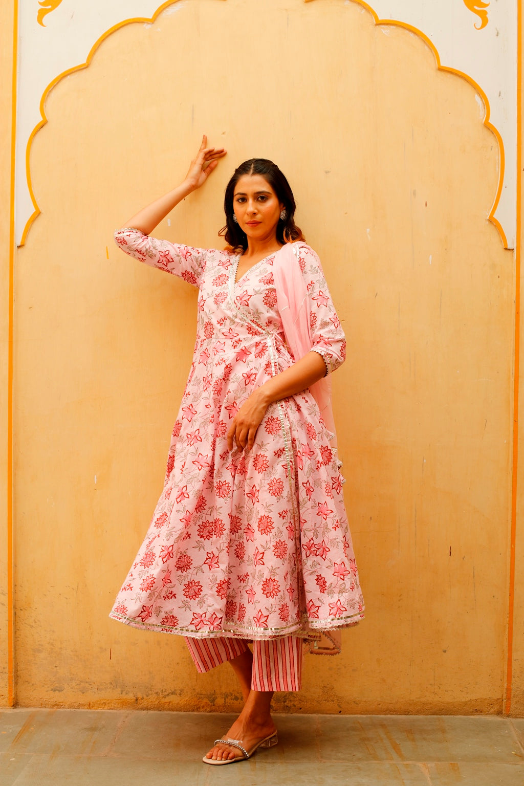 Light Pink Block Printed Angrakha Kurta Set