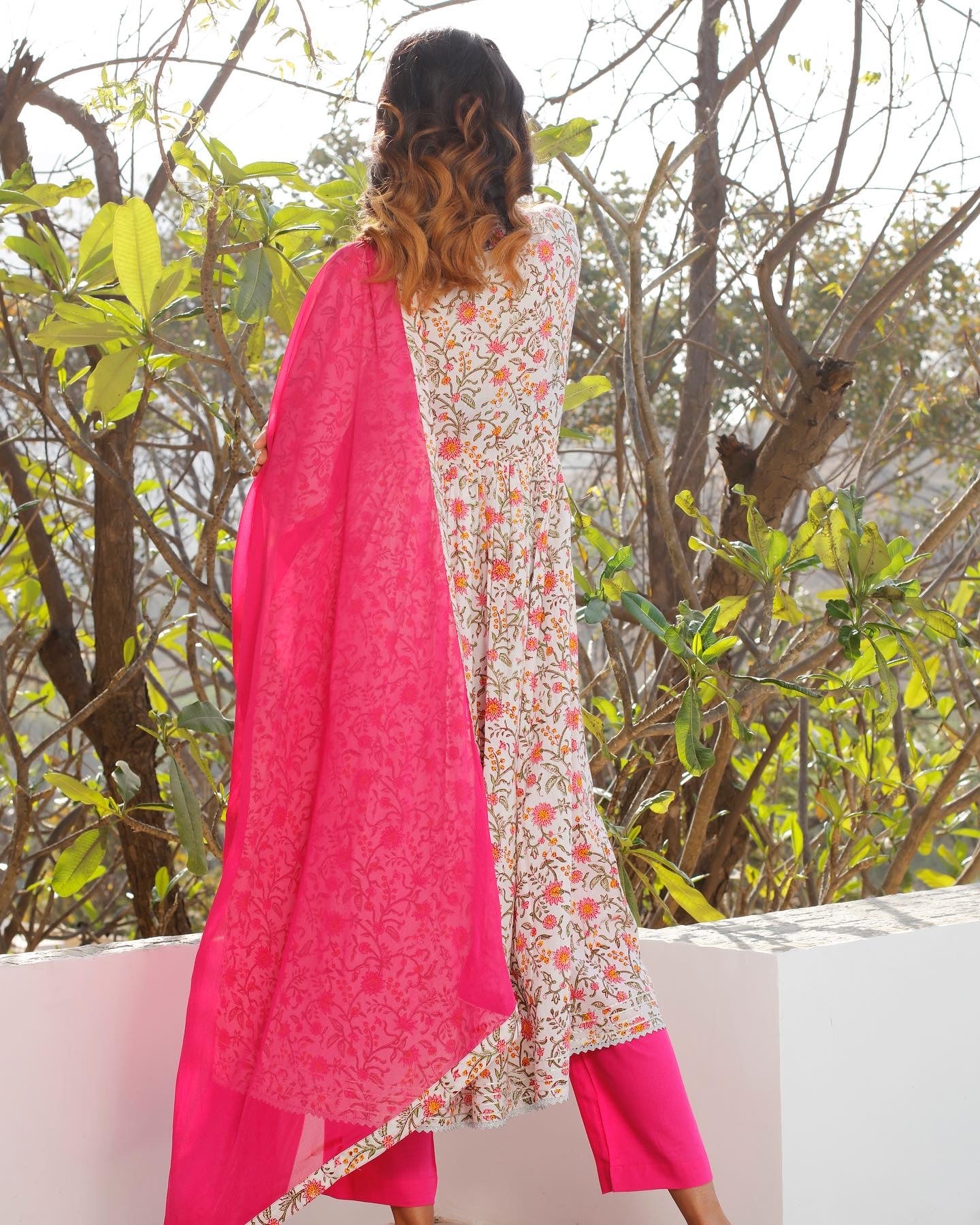 Pink Block Printed Anarkali Kurta Set with Churidaar Sleeves