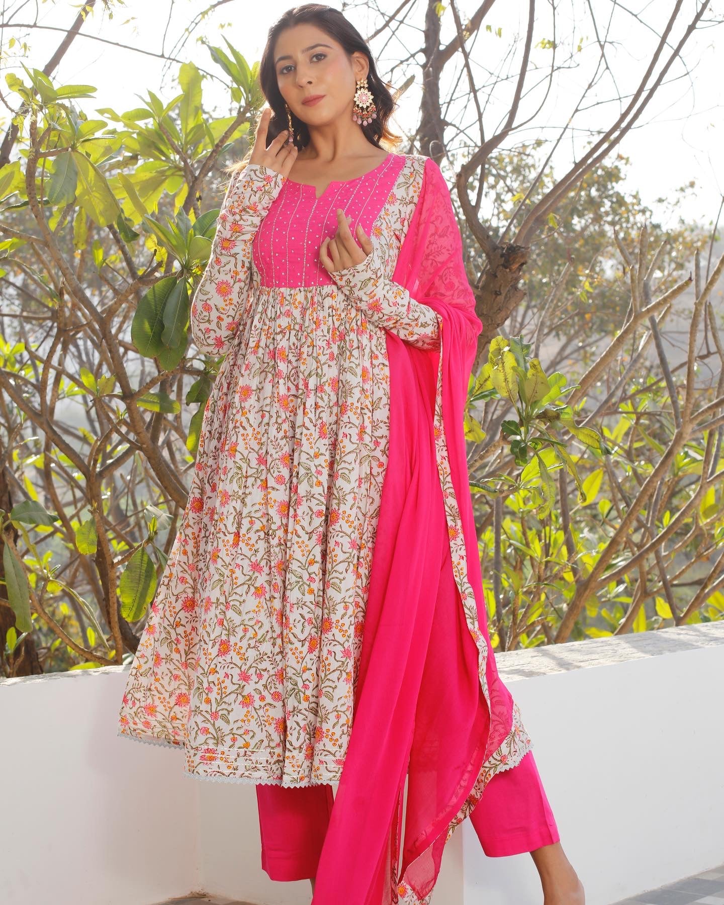 Pink Block Printed Anarkali Kurta Set with Churidaar Sleeves