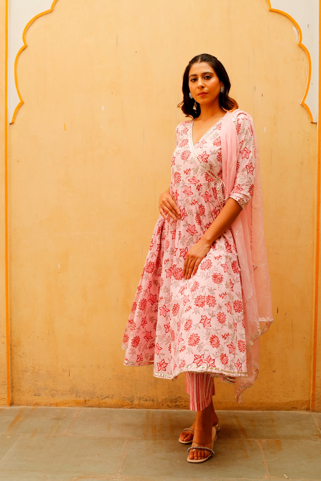 Light Pink Block Printed Angrakha Kurta Set