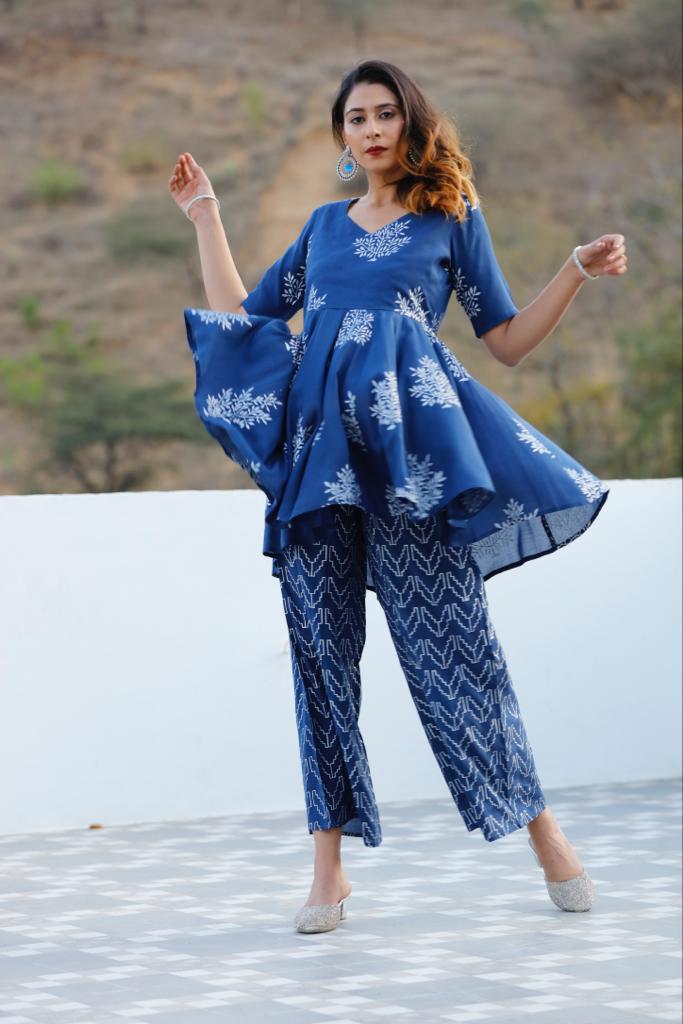 B'dazzled Blue Silver Block Printed Flare Kurta Set