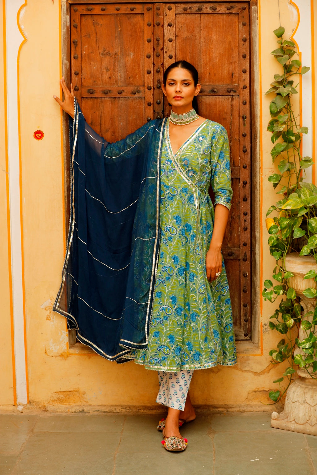 Sea Green Block Printed Angrakha Kurta Set