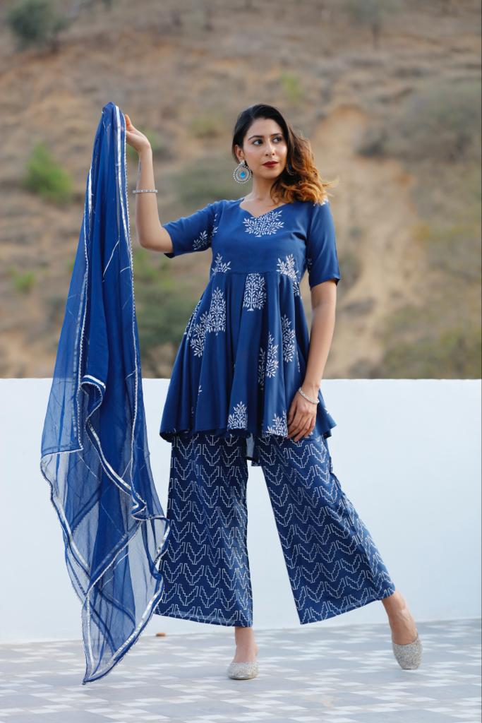 B'dazzled Blue Silver Block Printed Flare Kurta Set