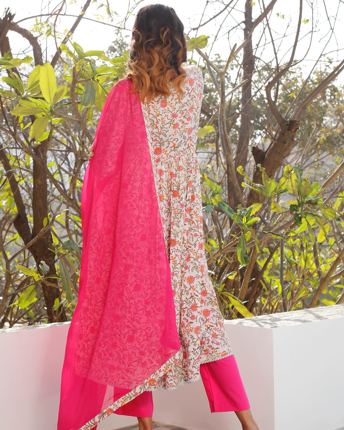 Pink Block Printed Anarkali Kurta Set with Churidaar Sleeves