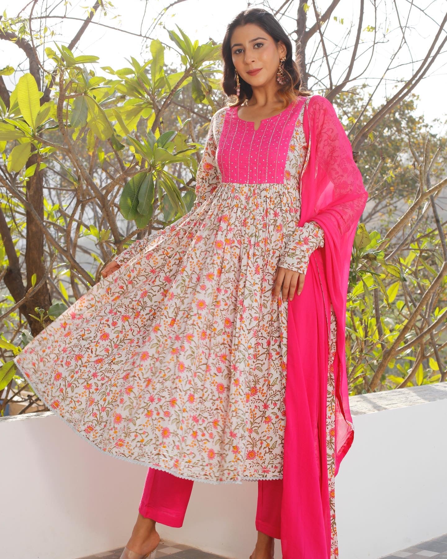 Pink Block Printed Anarkali Kurta Set with Churidaar Sleeves