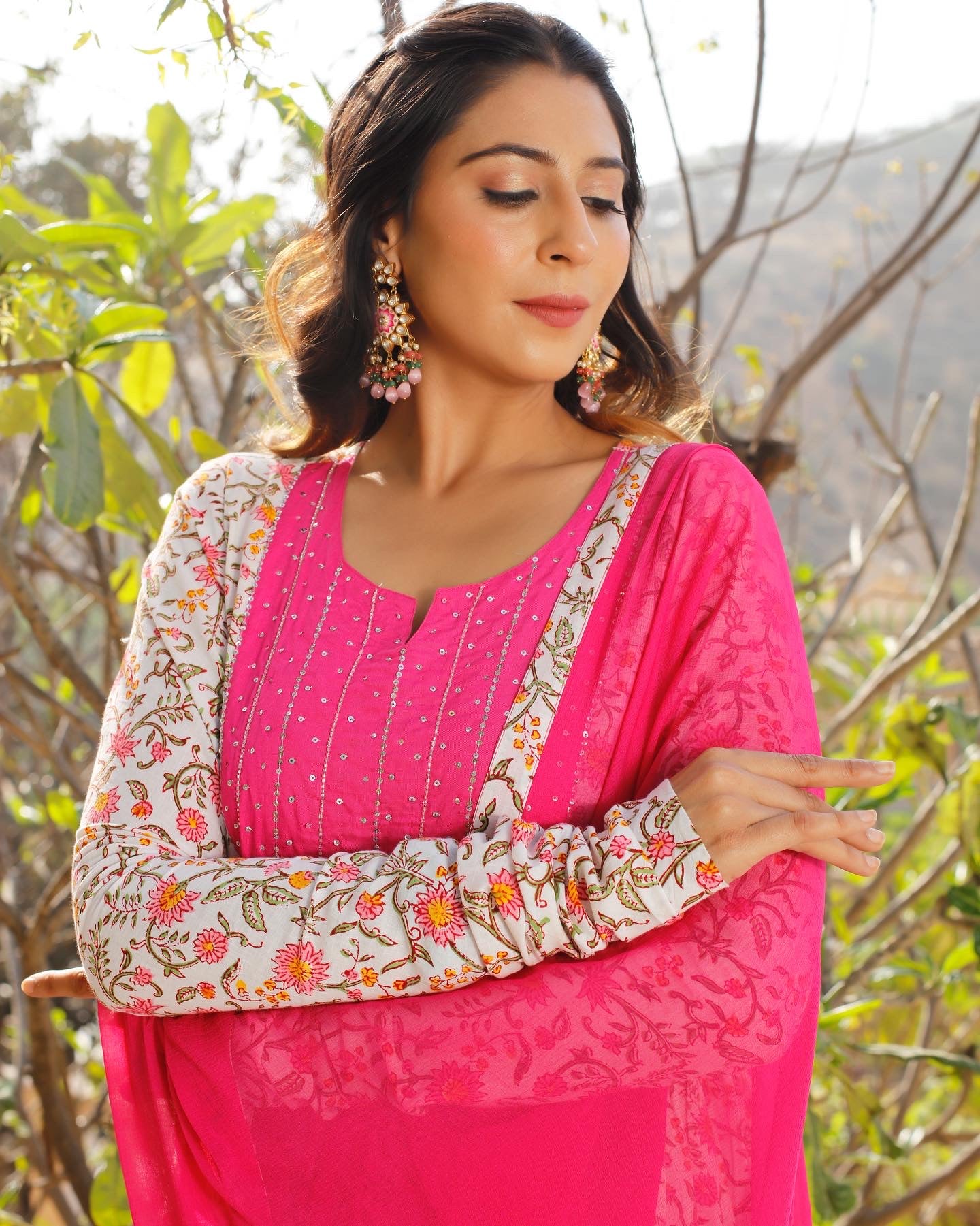 Pink Block Printed Anarkali Kurta Set with Churidaar Sleeves