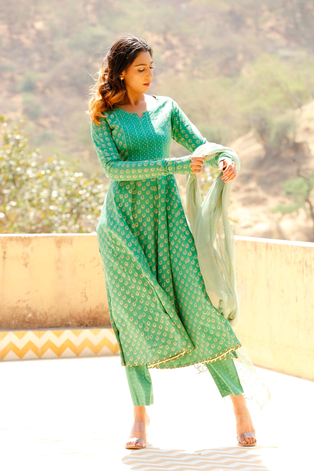 Bottle Green Gold Printed Anarkali Suit Set