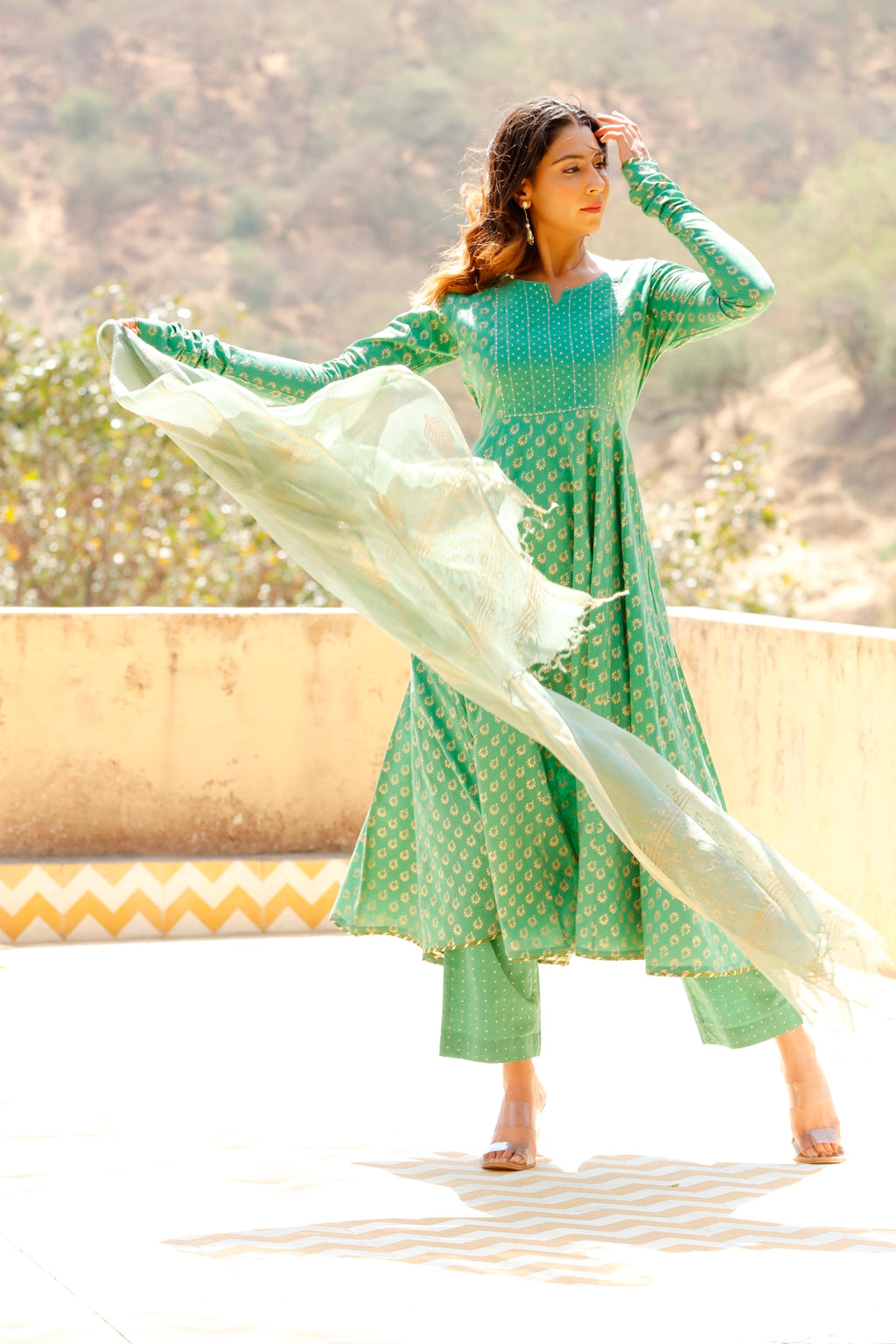 Bottle Green Gold Printed Anarkali Suit Set