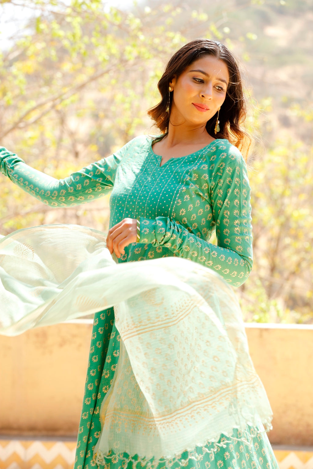 Bottle Green Gold Printed Anarkali Suit Set