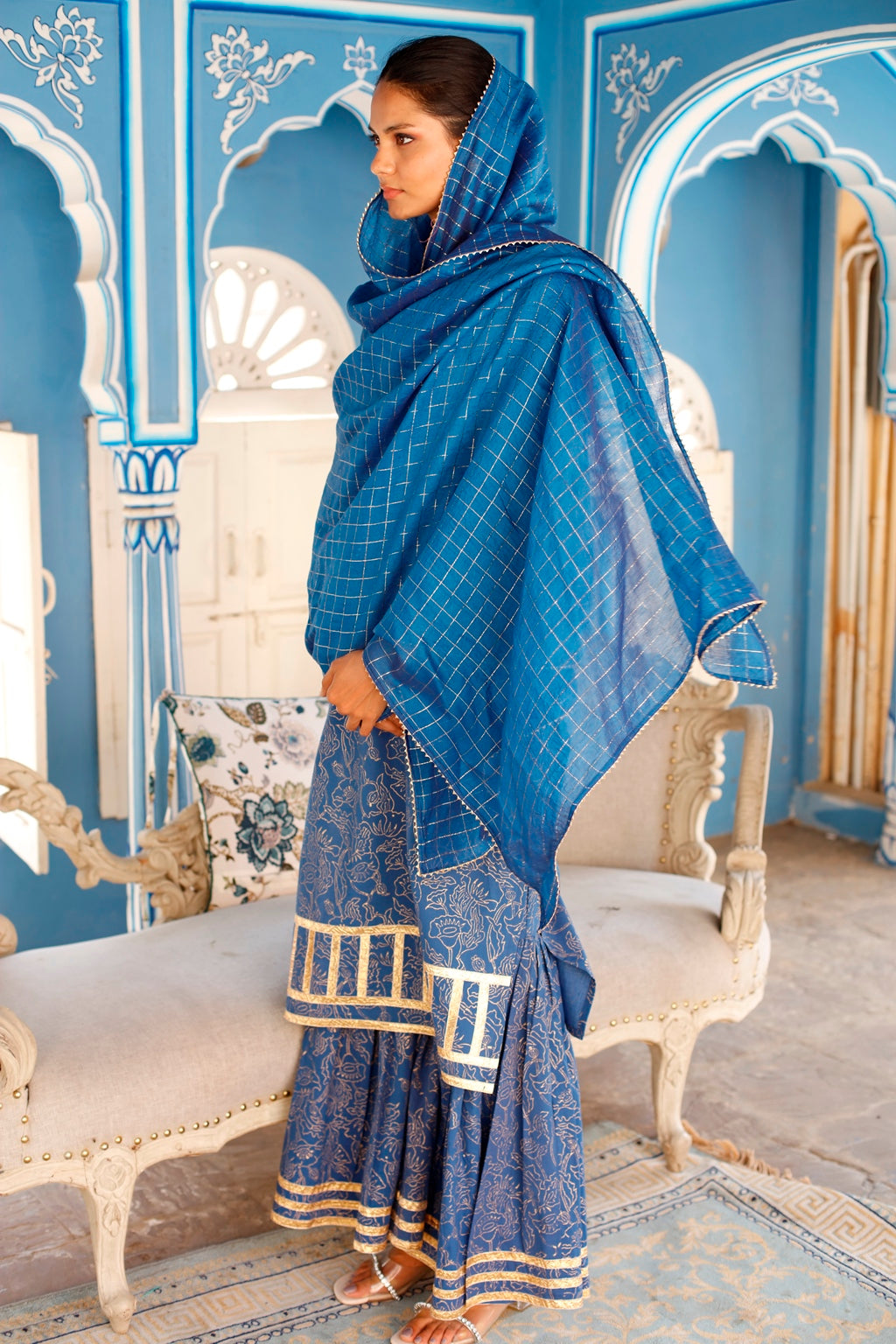 Blue Gold Block Printed Sharara Suit Set