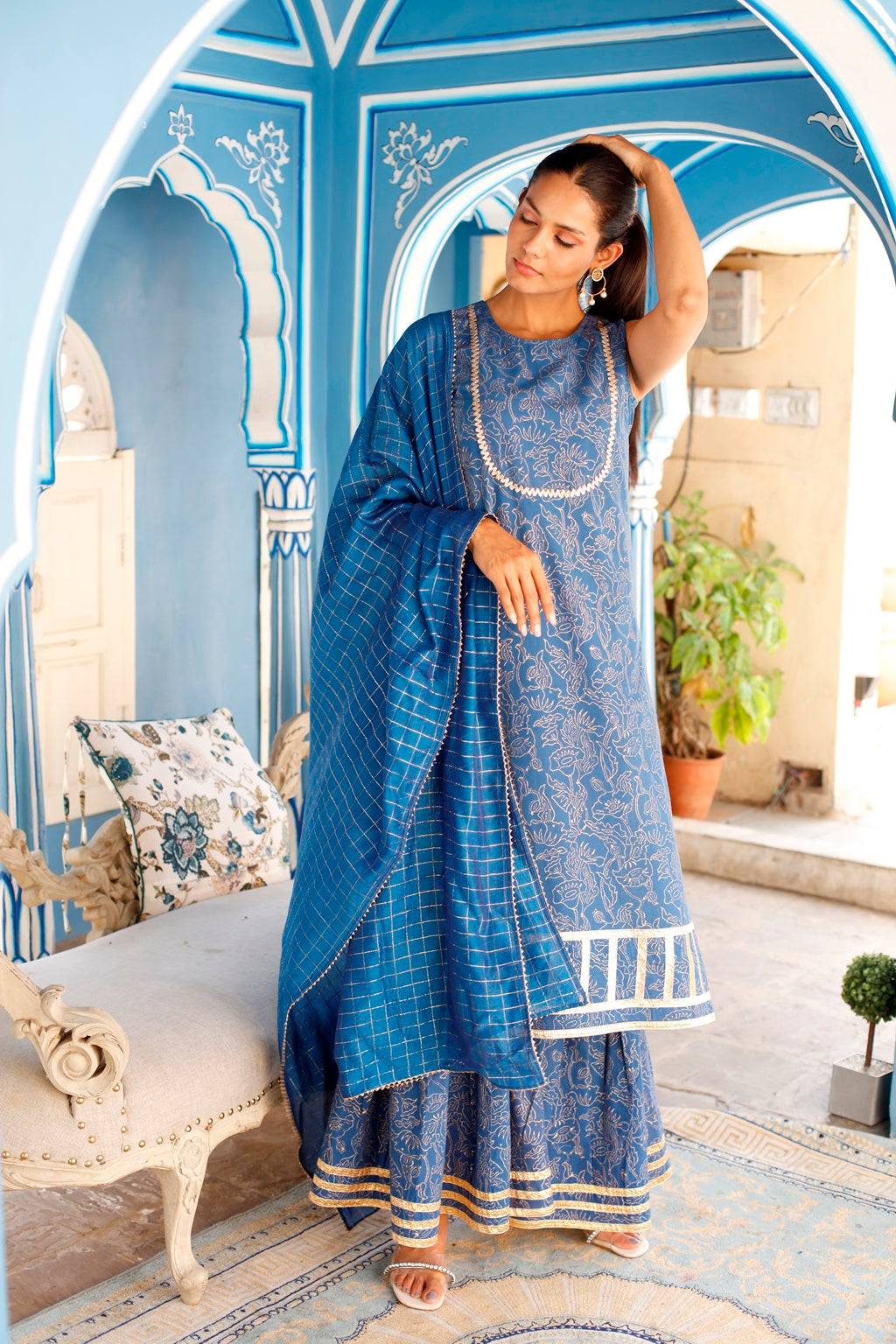 Blue Gold Block Printed Sharara Suit Set