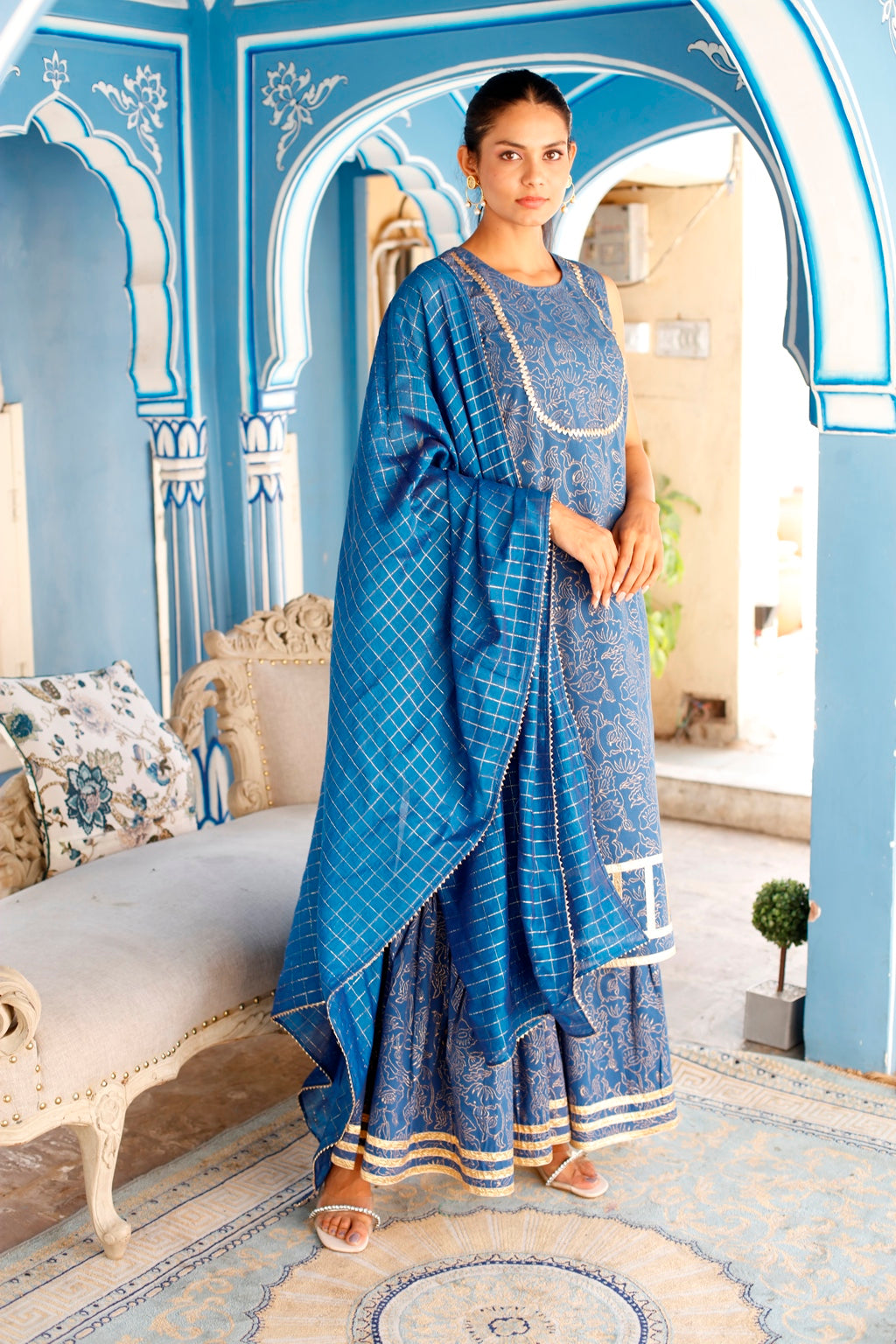 Blue Gold Block Printed Sharara Suit Set