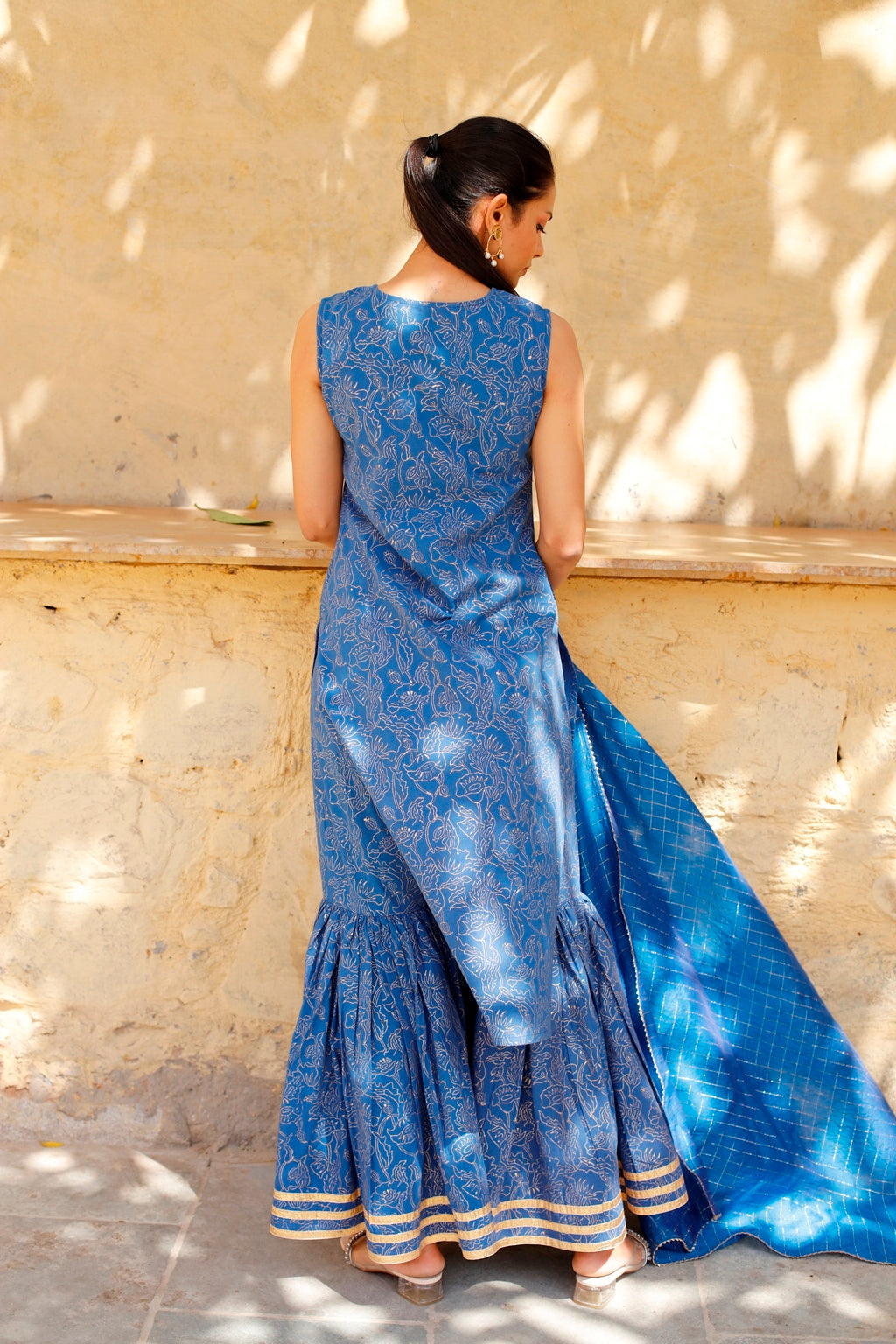 Blue Gold Block Printed Sharara Suit Set