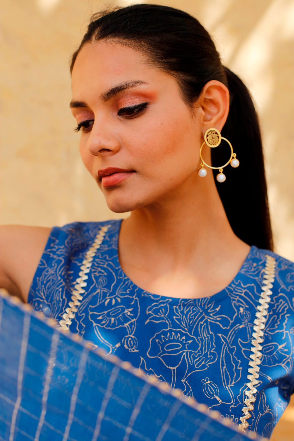 Blue Gold Block Printed Sharara Suit Set