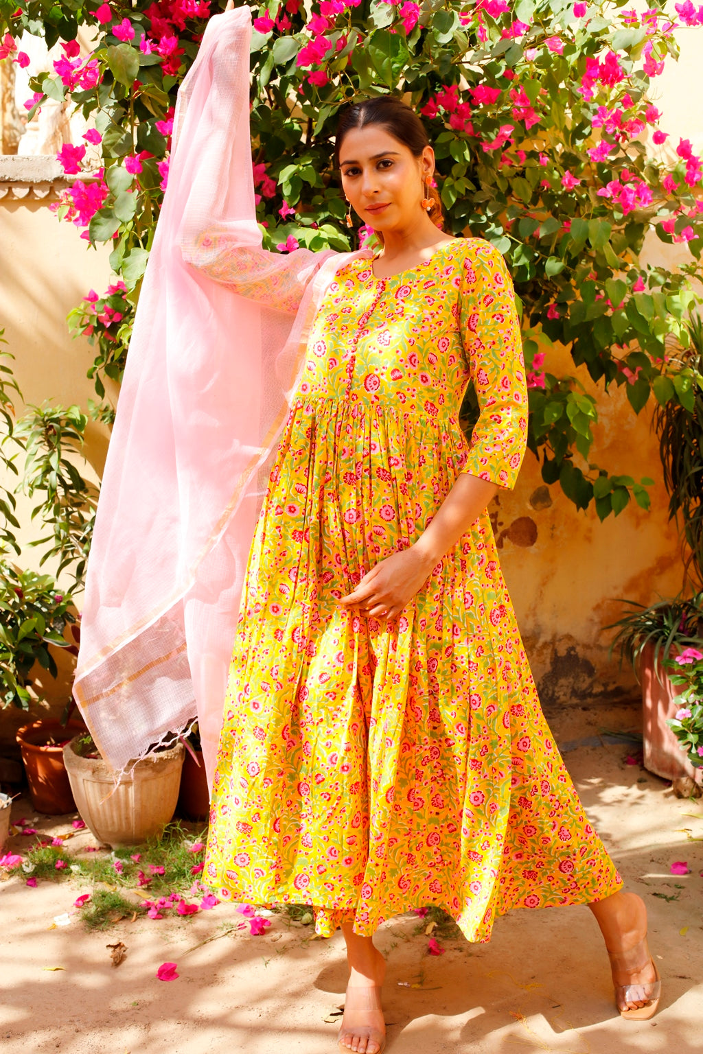 Yellow Block Printed Gathered Kurta Set