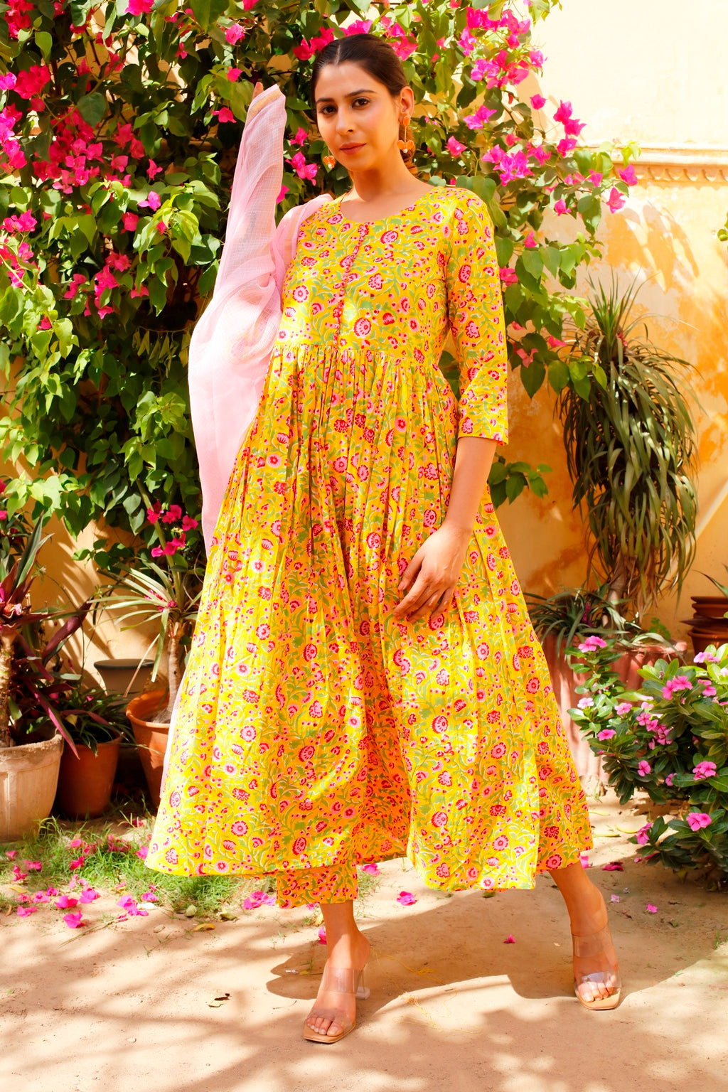 Yellow Block Printed Gathered Kurta Set