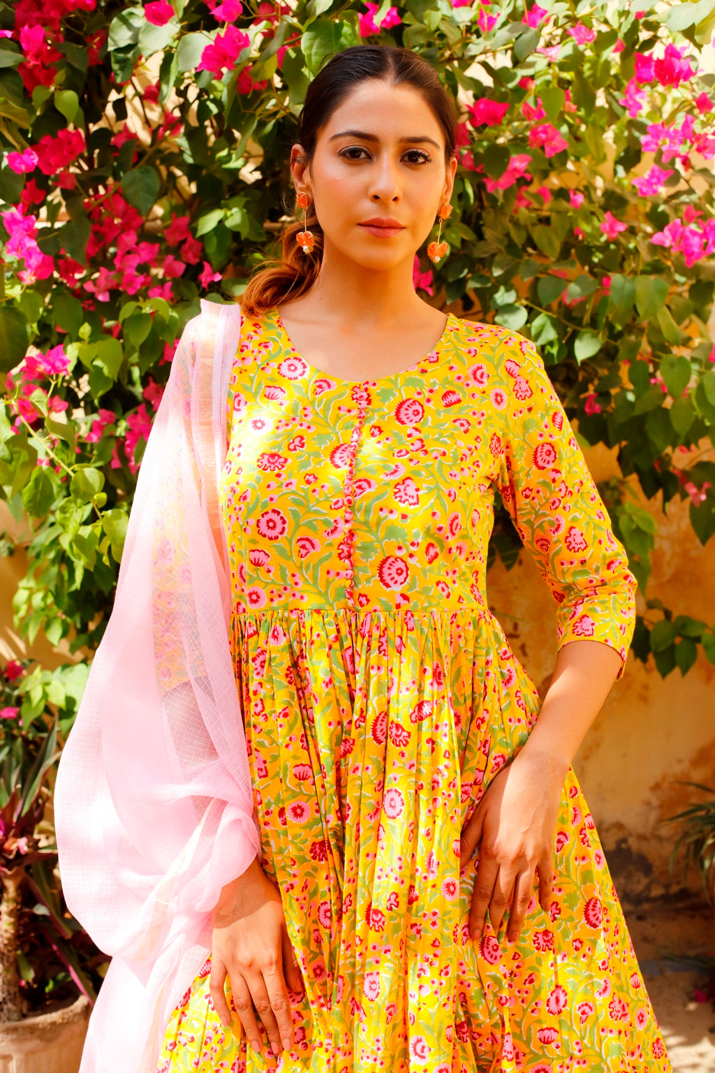 Yellow Block Printed Gathered Kurta Set