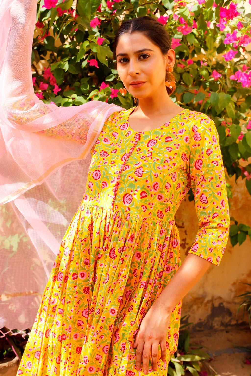 Yellow Block Printed Gathered Kurta Set