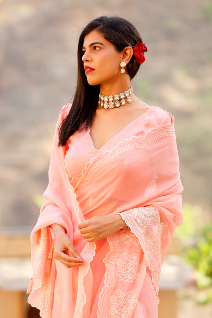 Flamingo Pink Embroidery Organza Silk Saree