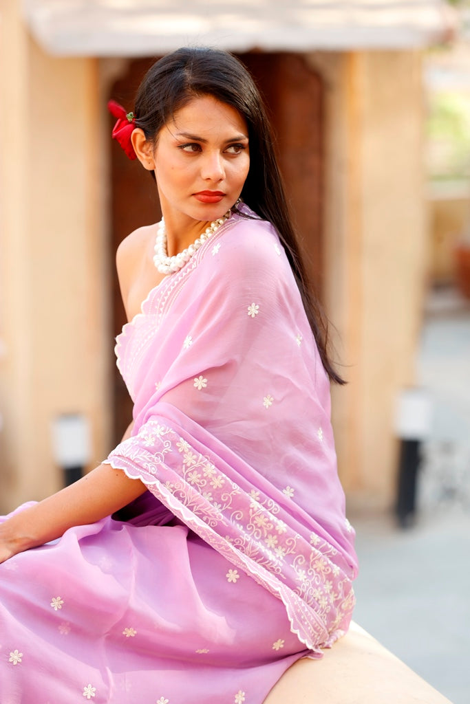 Lilac Embroidery Organza Silk Saree