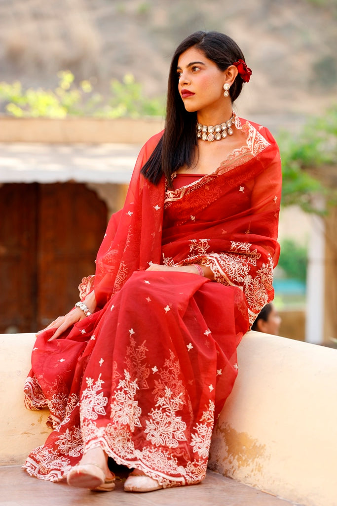 Maroon Embroidery Silk Organza Saree