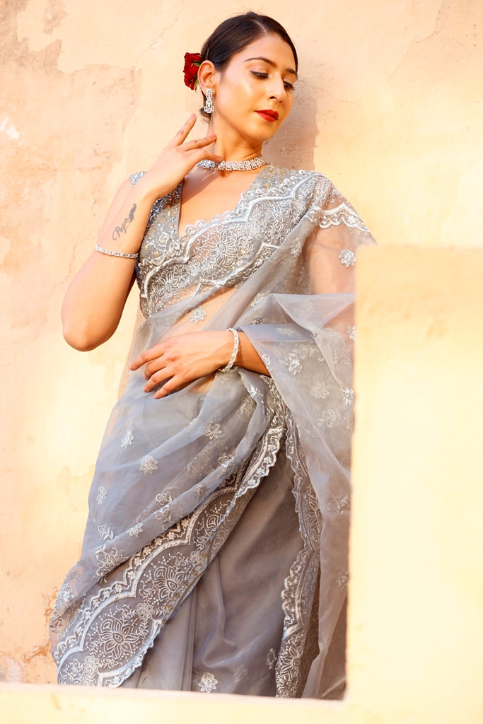 Cloudy Gray Embroidery Silk Organza Saree