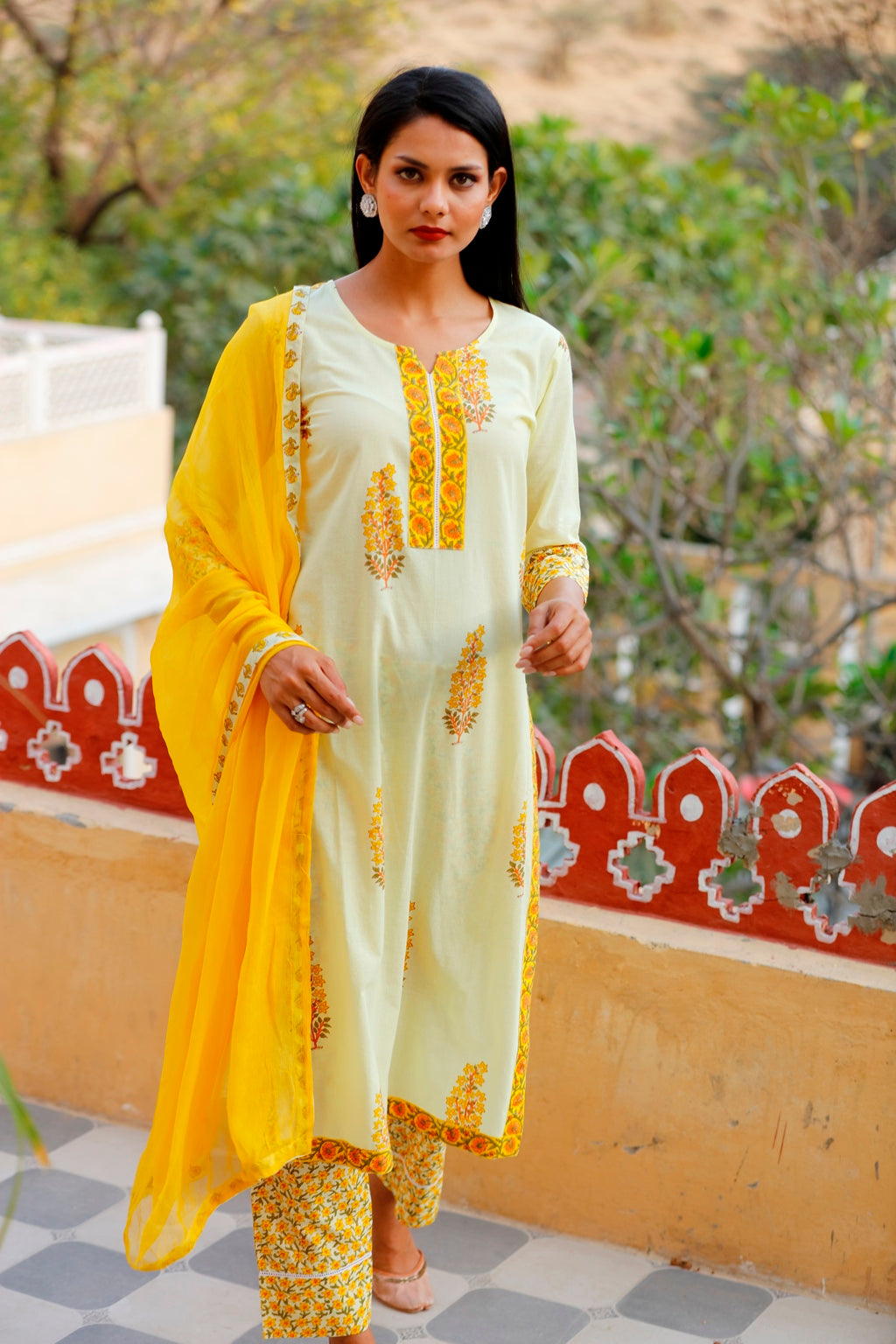 Lime Yellow Block Printed Straight Kurta Set