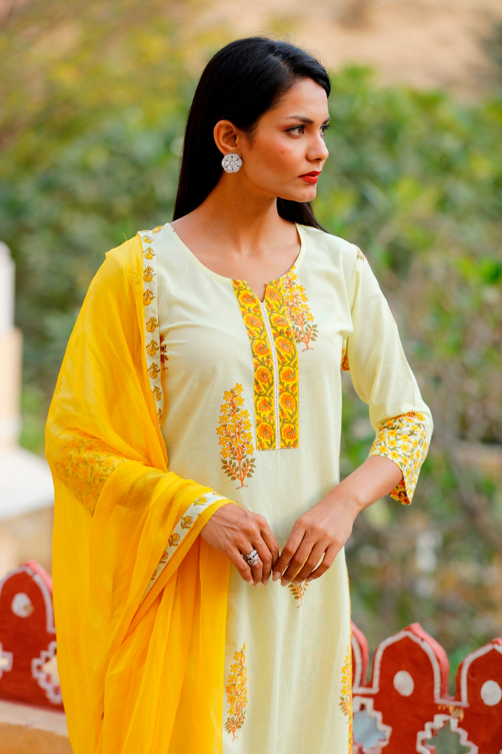 Lime Yellow Block Printed Straight Kurta Set