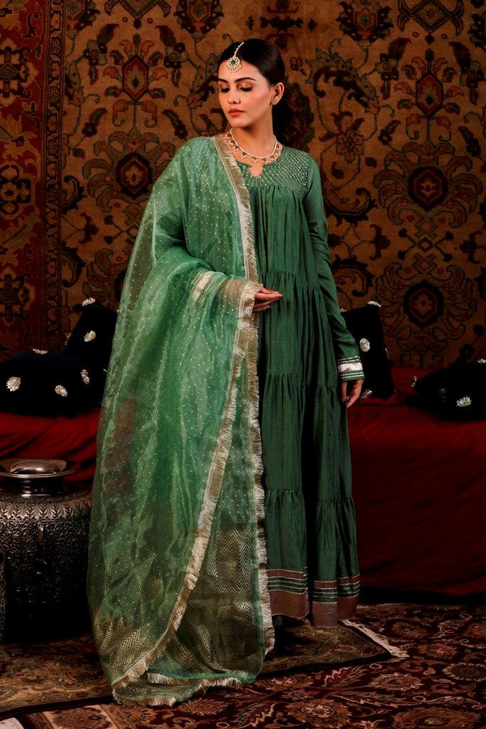 Seaweed Green Tiered Anarkali with Chooridar & Dupatta