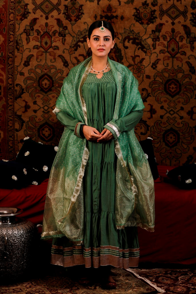 Seaweed Green Tiered Anarkali with Chooridar & Dupatta