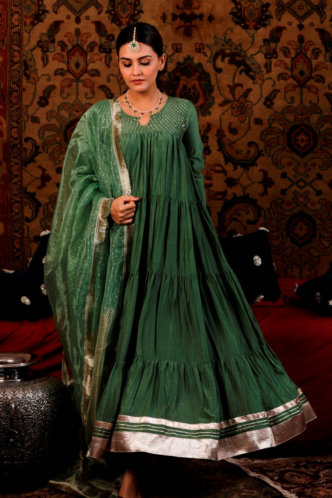 Seaweed Green Tiered Anarkali with Chooridar & Dupatta