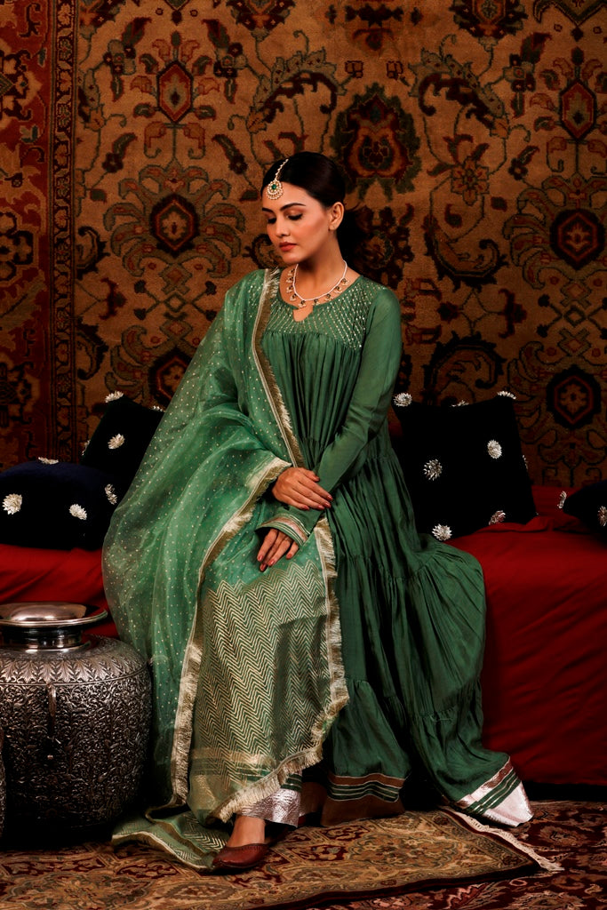 Seaweed Green Tiered Anarkali with Chooridar & Dupatta