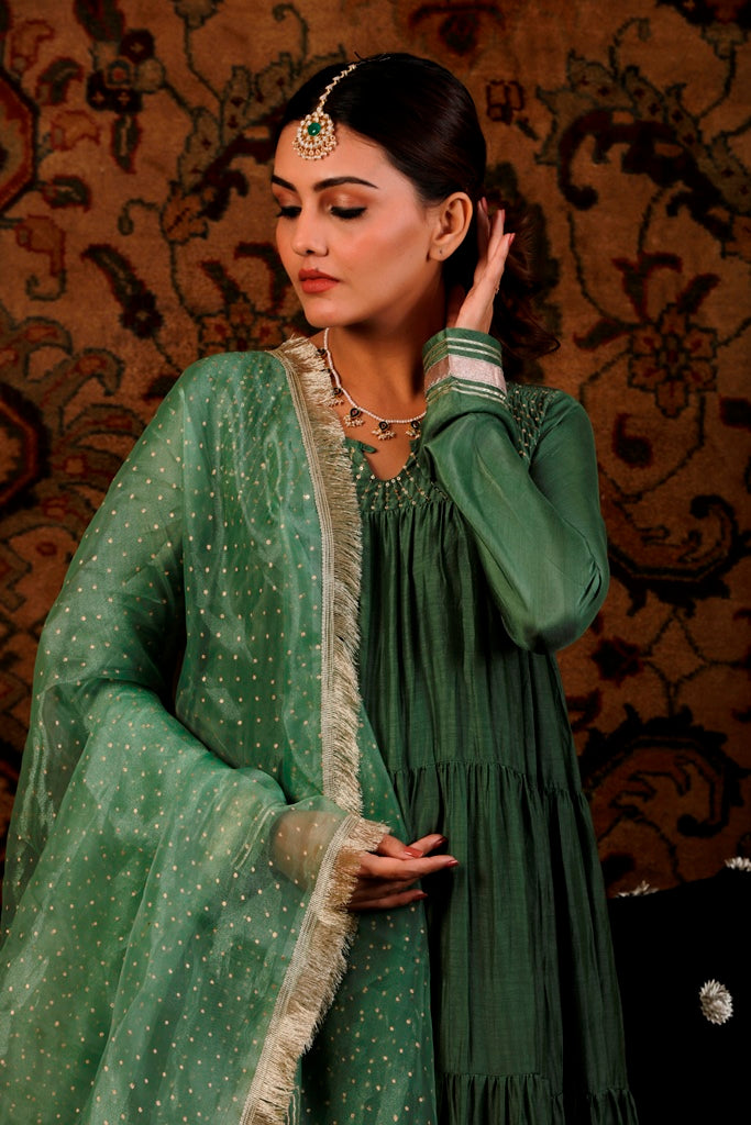 Seaweed Green Tiered Anarkali with Chooridar & Dupatta