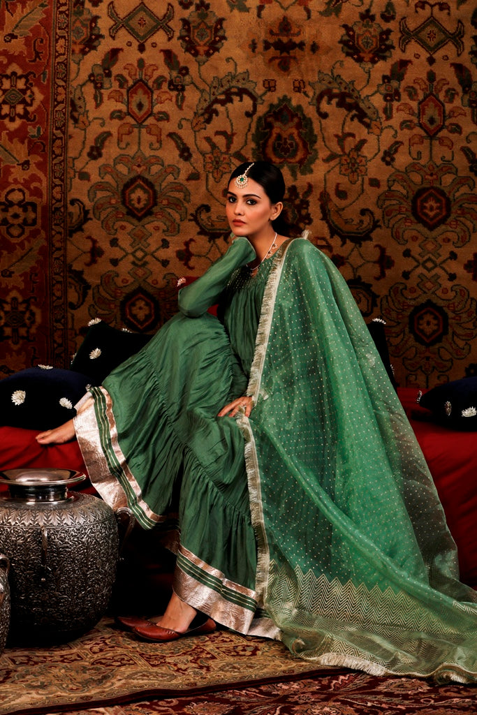 Seaweed Green Tiered Anarkali with Chooridar & Dupatta