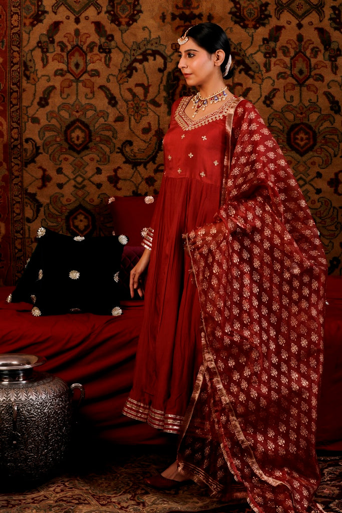 Ruby Red Anarkali Set with Gota Patti Work