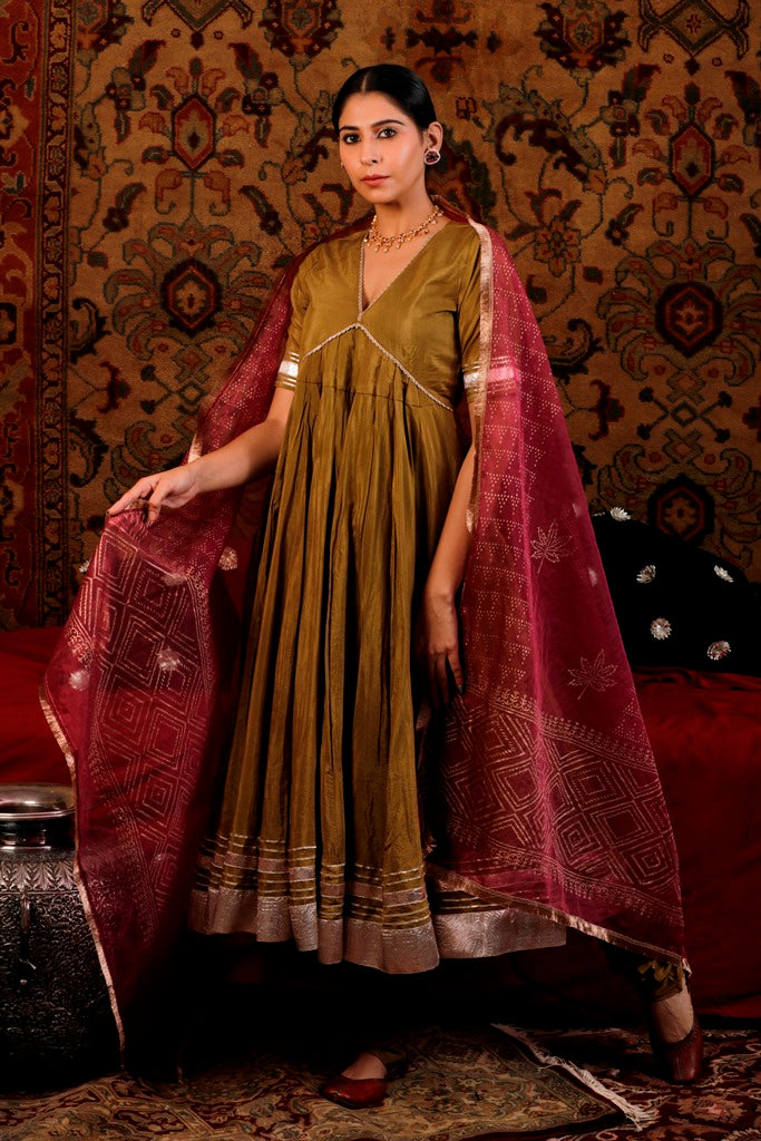 Olive Green Anarkali Set with Contrast Dupatta