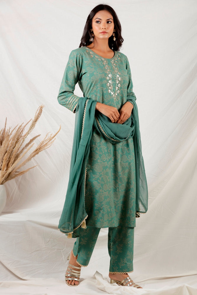 Green A Line Gold Printed Kurta Set