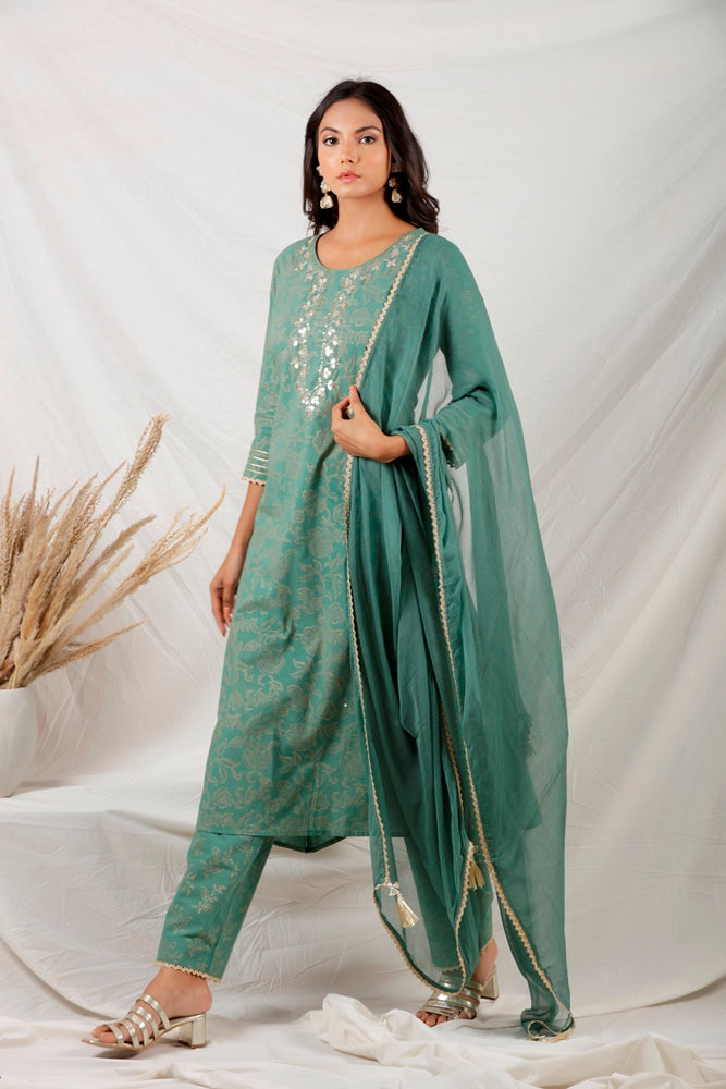 Green A Line Gold Printed Kurta Set